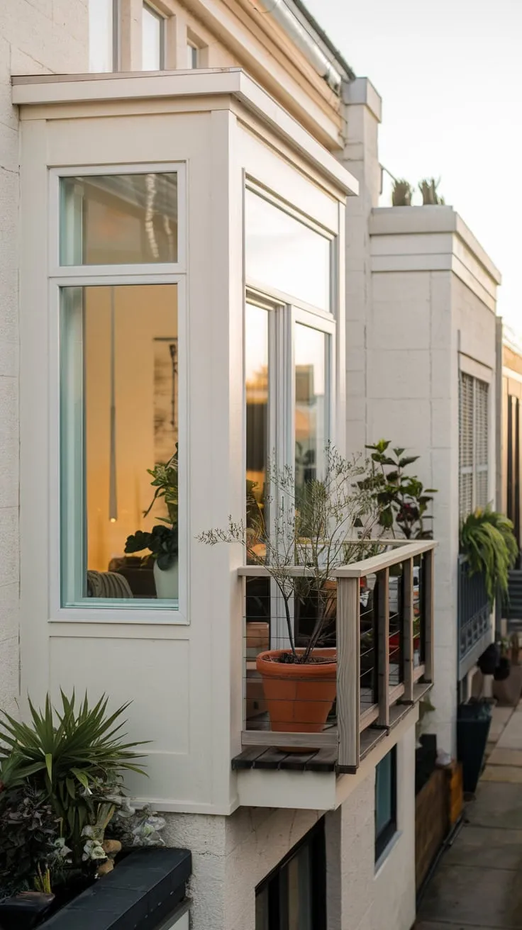 Soft light bathes your second-story balcony, its wooden railing framing a charming street view and your potted plants