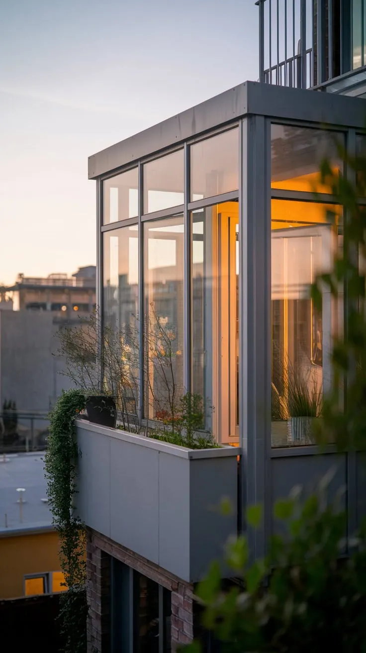 From above, you see a warm glow emanating from a glass-fronted home, its small balcony adorned with plants, overlooking a softly lit cityscape