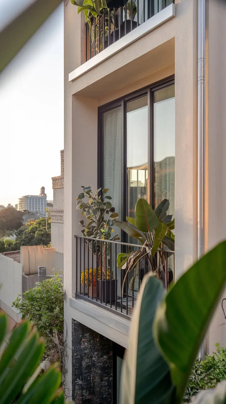 From your high vantage point, soft light bathes a sleek home's small balcony, overflowing with plants and showcasing a stunning cityscape view