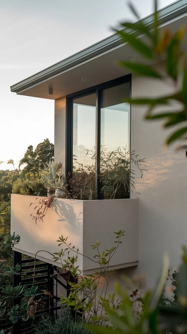 A clean-lined house, viewed from a height, reveals a peaceful balcony scene with plants bathed in soft light and a scenic backdrop