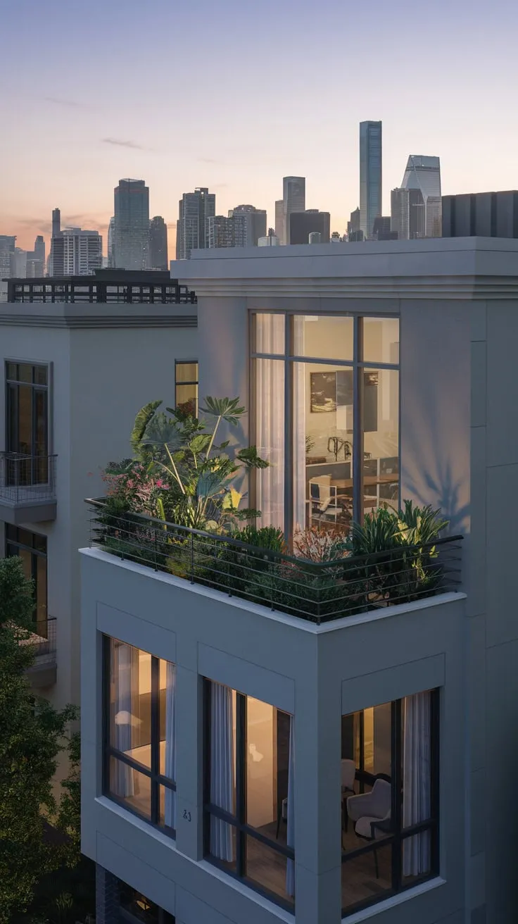 Could you imagine unwinding on this beautifully lit balcony, surrounded by greenery and a breathtaking cityscape?