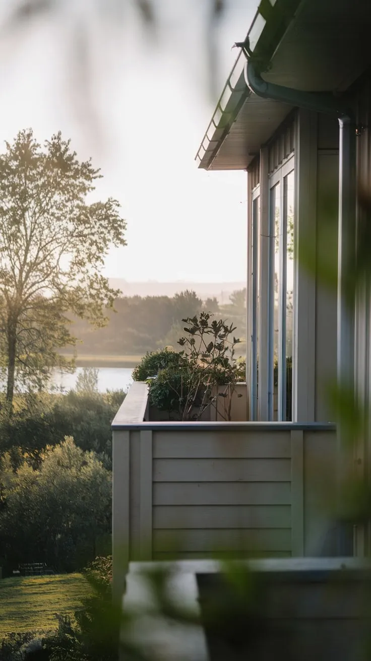 High above, you see a house with a small, plant-filled balcony overlooking a serene landscape of water and trees in the gentle light