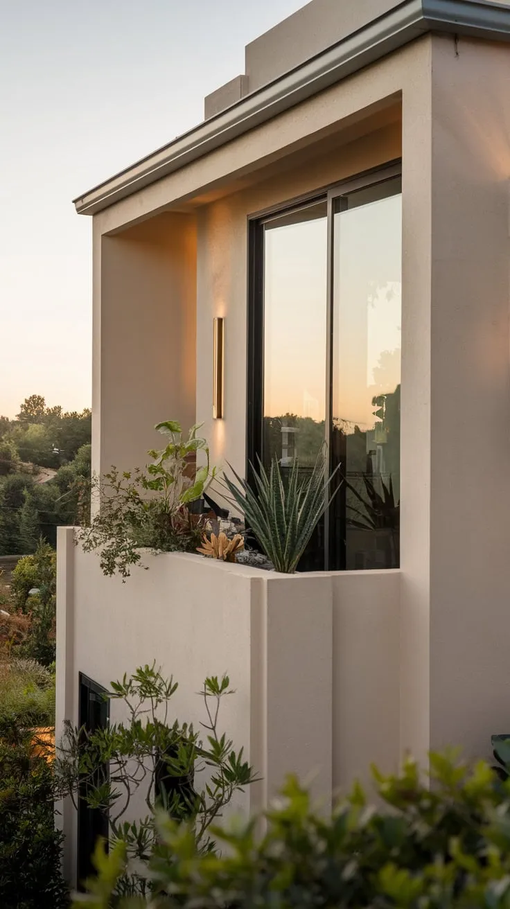 From above, you see a softly lit home, its small balcony adorned with plants, overlooking a breathtaking view