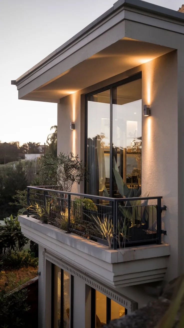 From above, you see a beautifully lit home, its small balcony adorned with plants overlooking a breathtaking vista