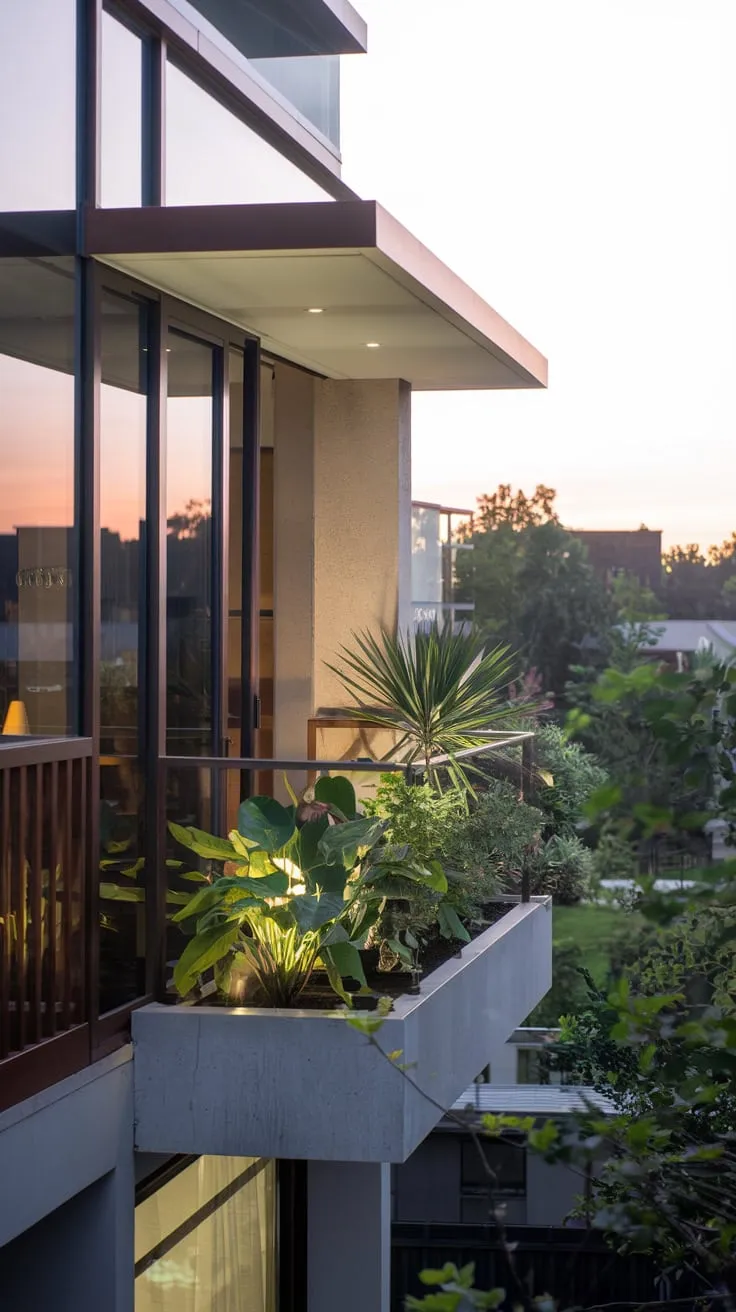 Embrace tranquility on your stylish balcony, surrounded by greenery and soft lighting that enhances the beauty of your minimalist retreat