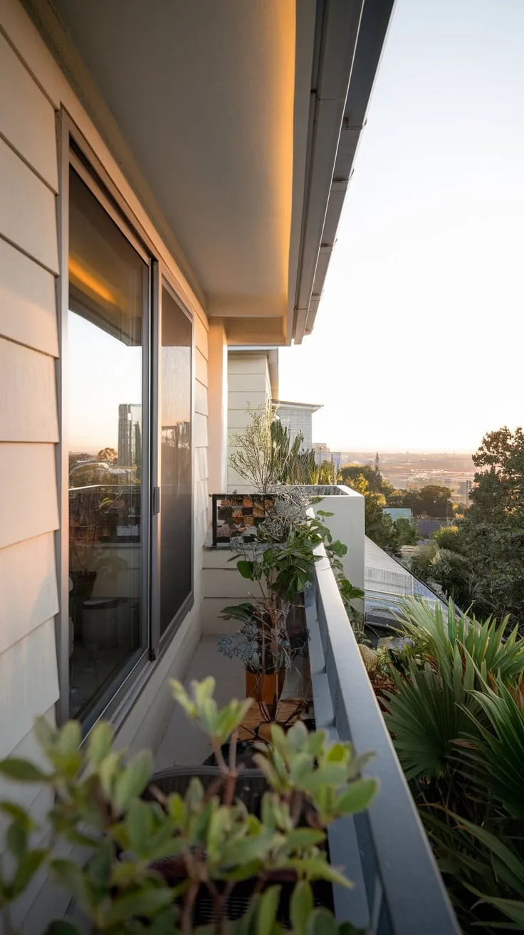 Can you imagine unwinding on this beautifully lit balcony, surrounded by plants and stunning skyline views?