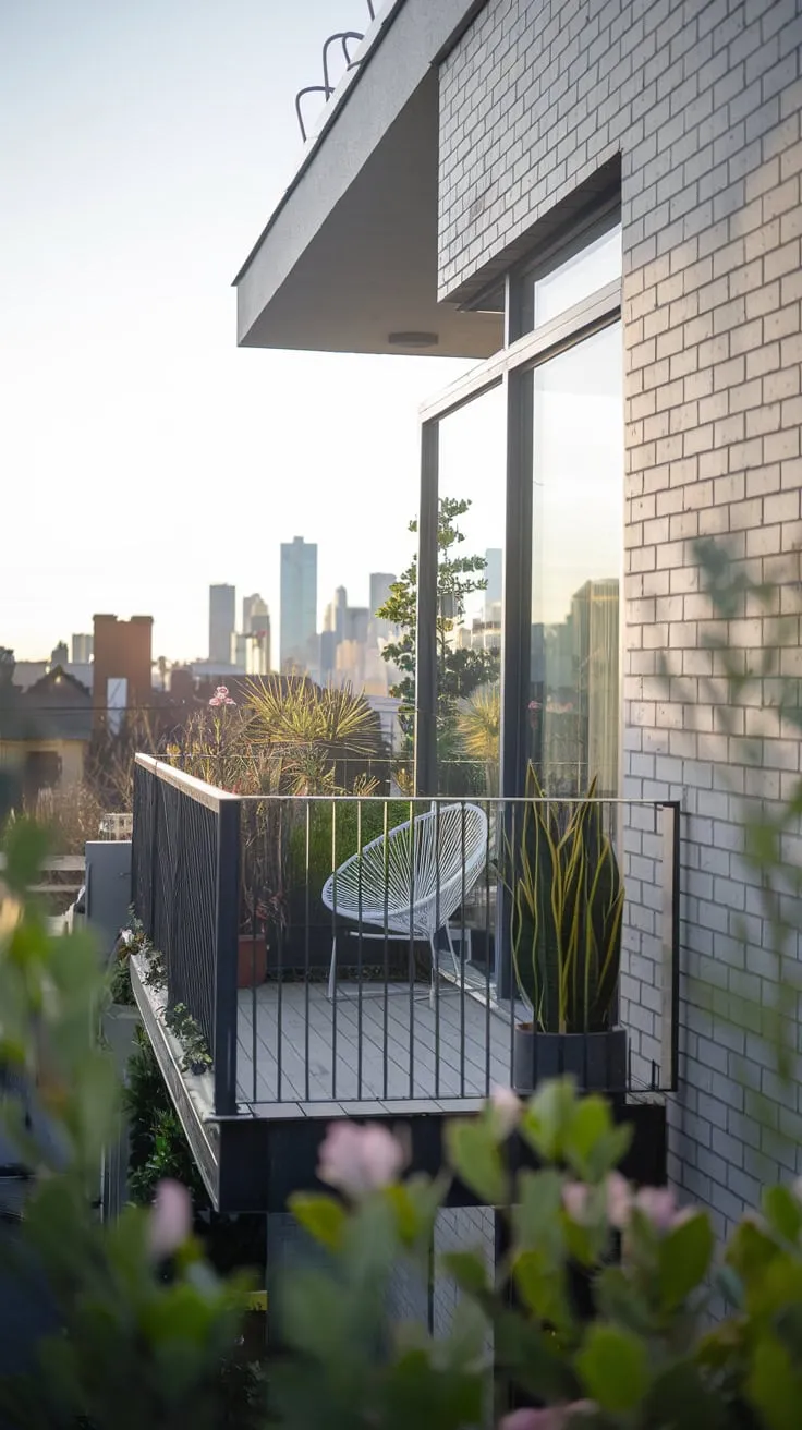 From above, you see a brick home's small balcony, a white chair nestled amongst plants overlooking a softly lit cityscape