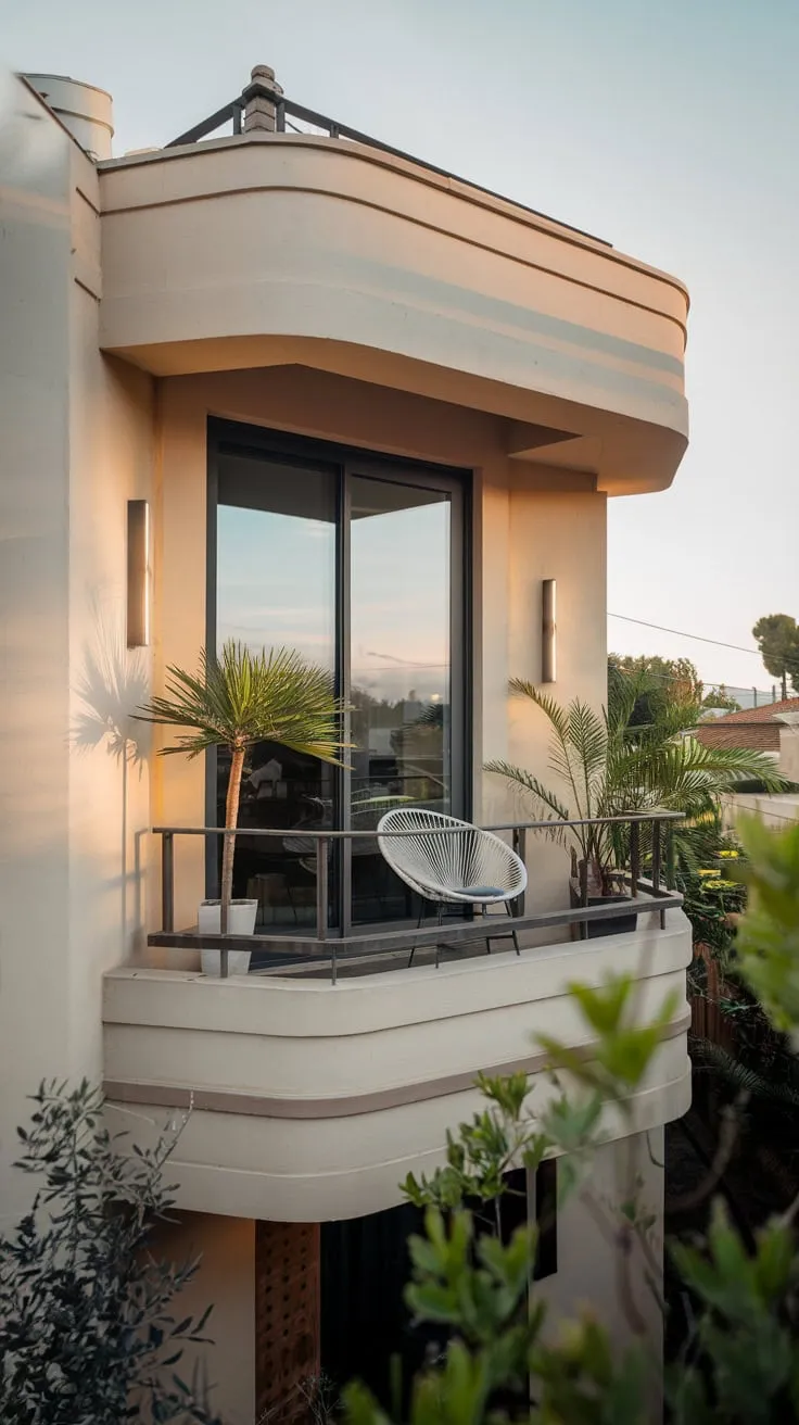 From above, you see a uniquely curved building softly lit, its small balcony showcasing a white chair and potted plants overlooking a stunning vista