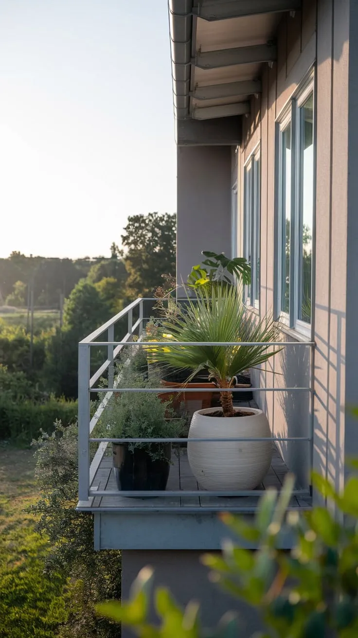 High above, a serene scene unfolds: a house's balcony, adorned with lush potted plants, overlooks a verdant landscape through a grey metal railing