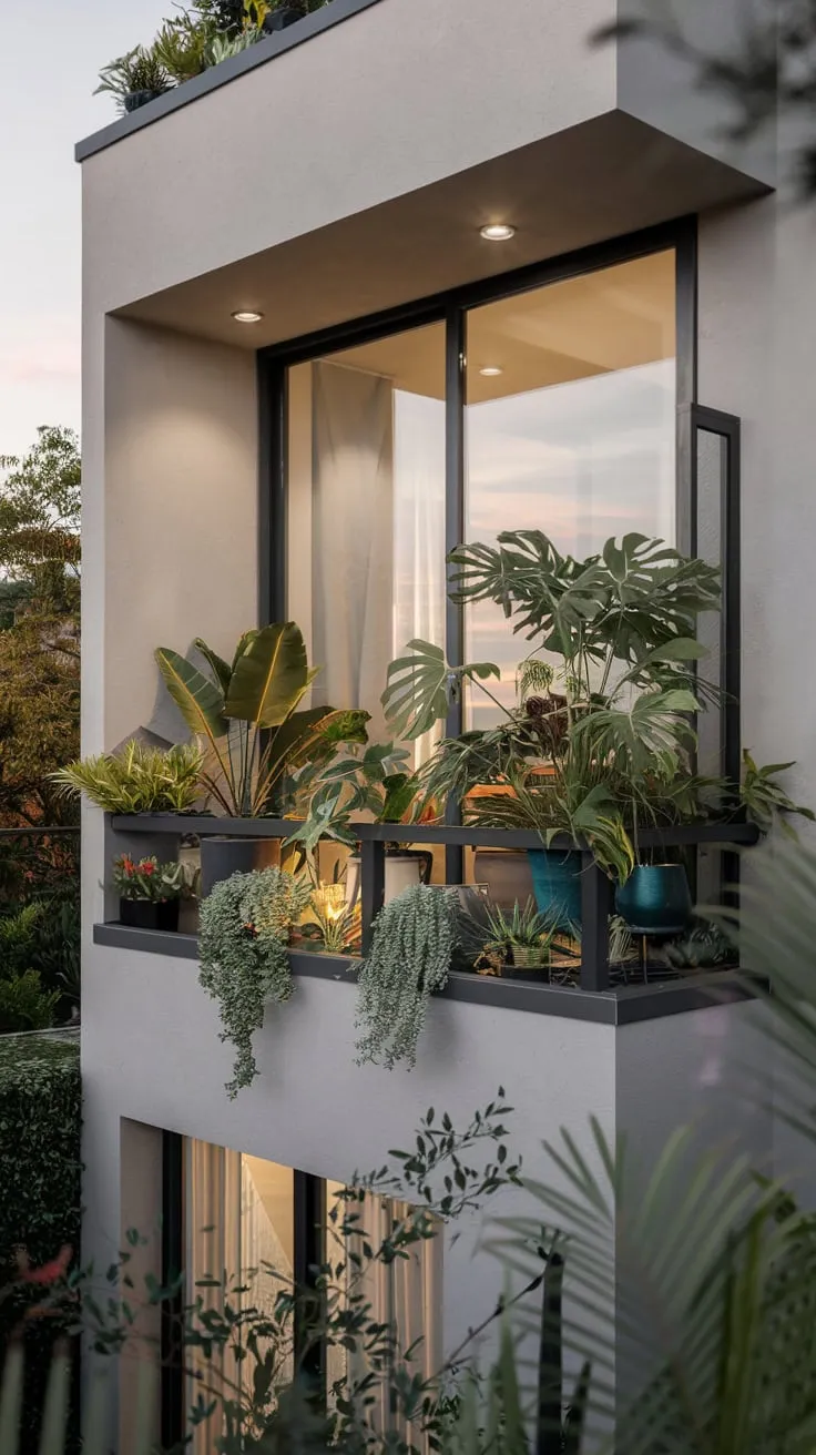A serene view unfolds from your home's stylish second-floor balcony, softly lit and overflowing with lush greenery
