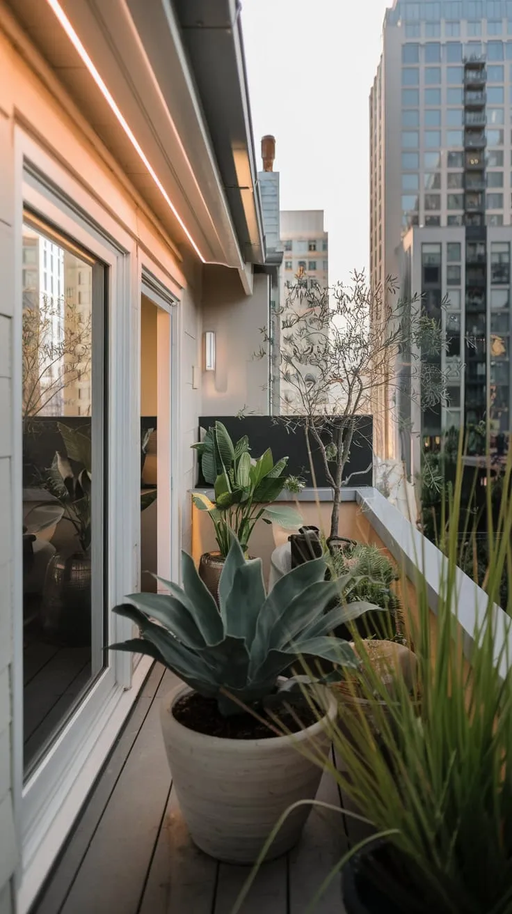 Can you imagine unwinding on this beautifully lit balcony, surrounded by greenery and a breathtaking skyline?