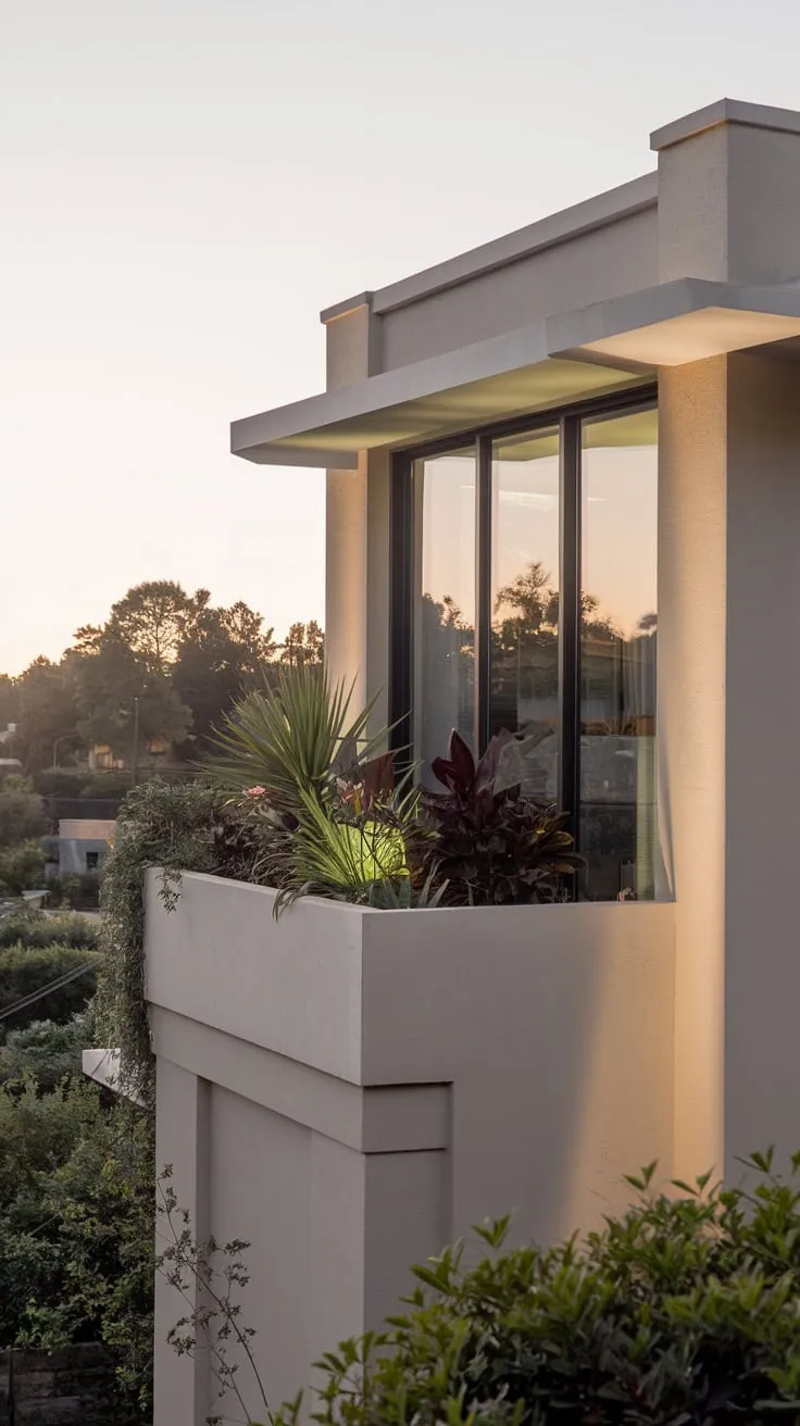 From your plant-filled balcony, you gaze upon a serene view, the clean lines of your home bathed in the gentle glow of night