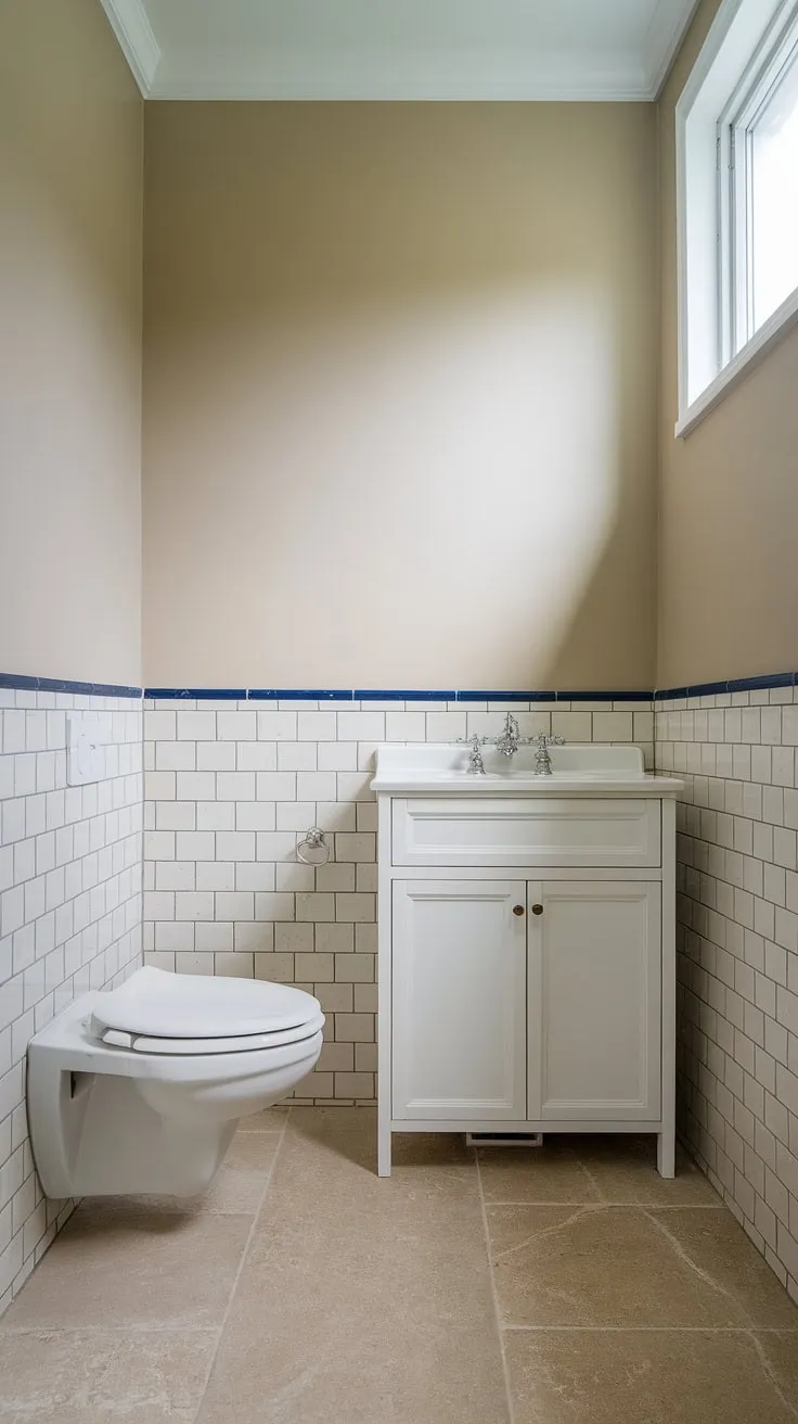 Maximize space and style in this small bathroom; clever bathroom layout and design create a surprisingly spacious feel. This small powder bathroom proves that small bathroom renovations can yield big results.