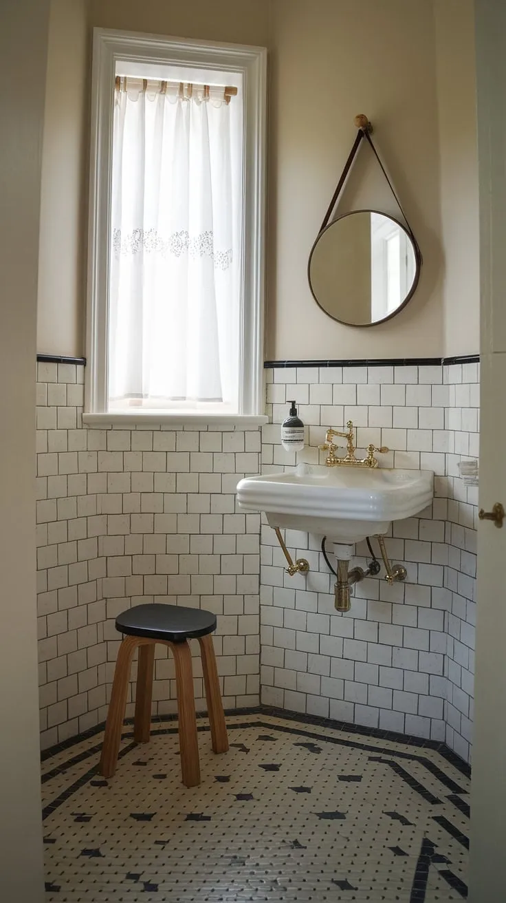 A delightful example of small bathroom interior design, this small powder bathroom offers a stylish and functional space. The bathroom interior features a classic bathroom layout with a white sink, brass fixtures, and a small round mirror. Black and white checkered tiles add a touch of vintage charm. This small bathroom renovation perfectly balances aesthetics and practicality.