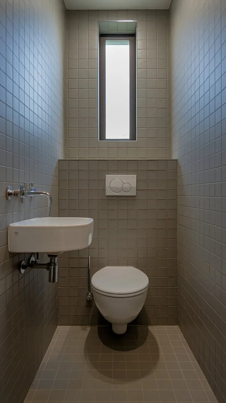 Efficient bathroom layout is key in this small bathroom. The gray and beige color palette enhances the feeling of spaciousness in this small powder bathroom. This small bathroom interior showcases smart bathroom design and demonstrates how effective small bathroom renovations can be, even in a compact powder bathroom.