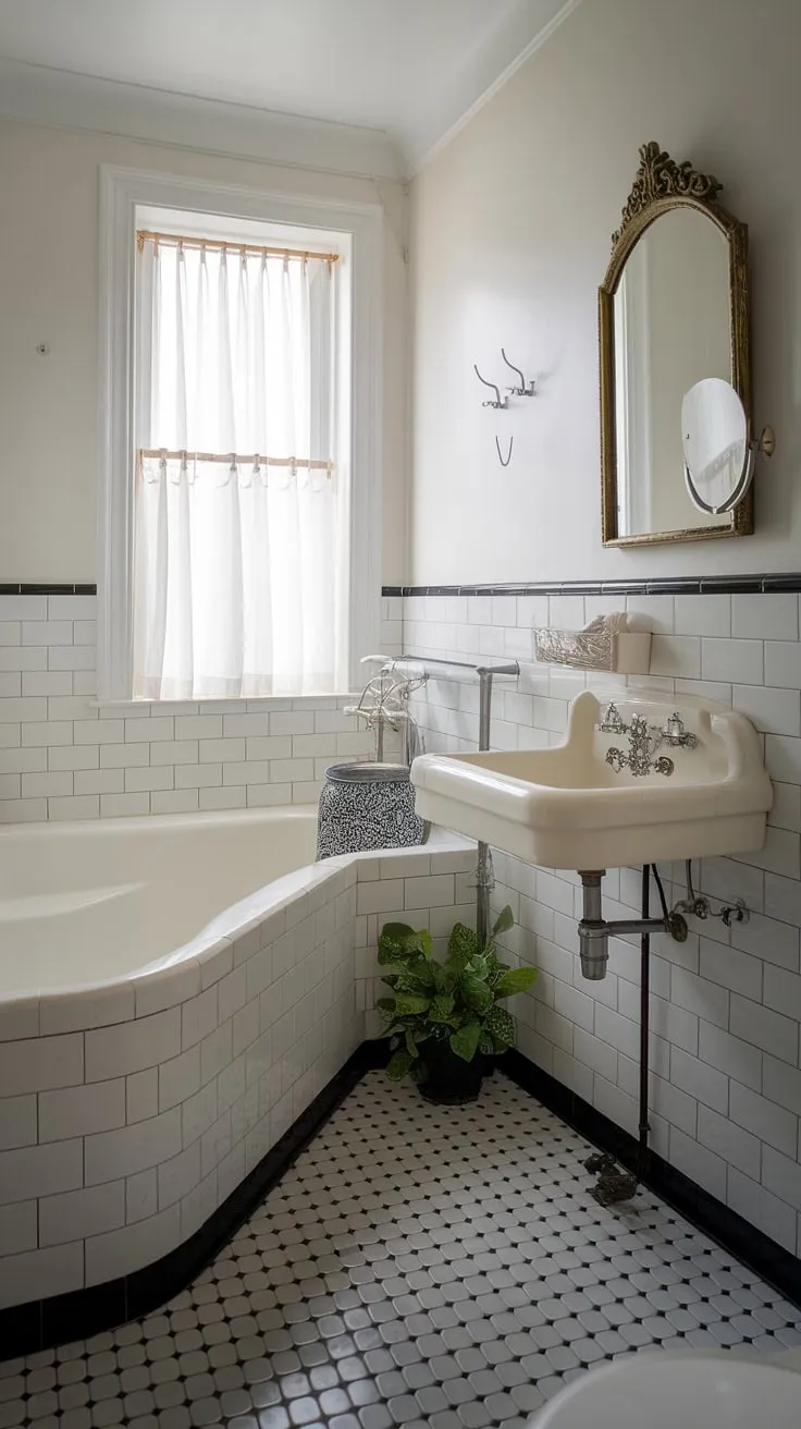 A delightful small bathroom interior, this powder bathroom showcases clever bathroom layout and design. The vintage aesthetic, featuring a curved white bathtub and decorative sink, is complemented by the black and white checkered floor and a touch of greenery. Small bathroom renovations don't have to compromise on style; this space is proof of that. The bright and airy feel makes this small powder bathroom a true gem.