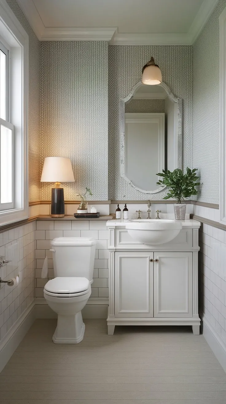Elegant small bathroom renovations don't require a lot of space. This small powder bathroom design proves it. The efficient bathroom layout maximizes the small bathroom's potential, with a classic white vanity, subtle patterned walls, and light grey tile flooring. The small bathroom interior feels bright and airy thanks to a small window and carefully chosen accents.