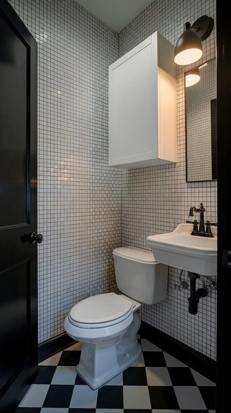 This small powder bathroom boasts a chic black and white theme. The clever bathroom layout maximizes space in this small bathroom interior, showcasing stylish bathroom design elements like the black faucet and checkered floor. Small bathroom renovations don't have to compromise on style; this space proves that even a small bathroom can be both functional and fashionable.