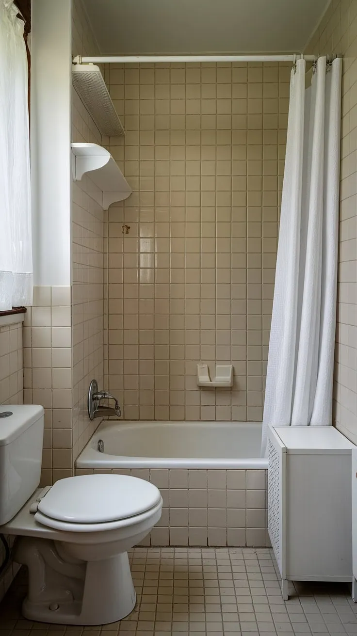 This small bathroom, designed for efficiency, showcases clever bathroom layout and small bathroom interior design. The beige and white tilework creates a bright and airy feel, while the white fixtures and small powder bathroom-sized cabinet maximize space. This successful small bathroom renovations project demonstrates how even a small bathroom can be stylish and functional.