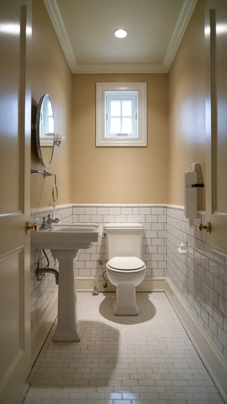 Maximize space and style with this small bathroom interior. This small bathroom showcases clever bathroom interior design in a compact powder bathroom.