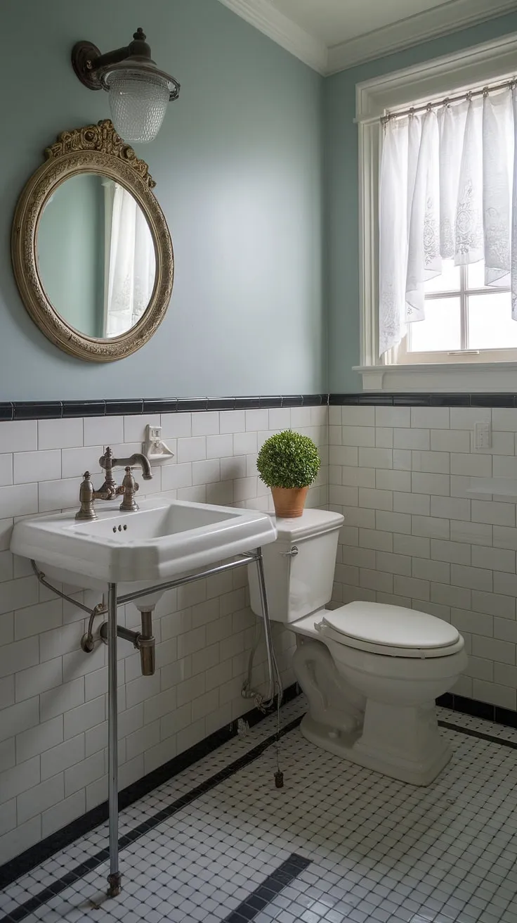 A picture-perfect example of small bathroom renovations, this small powder bathroom's design is both functional and stylish. The bathroom layout expertly utilizes the limited space, creating a surprisingly spacious feel. Note the charming vintage faucet, round mirror, and the black and white checkered floor tiles—all contributing to the unique bathroom interior design. This small bathroom is a testament to how impactful even small changes can be.