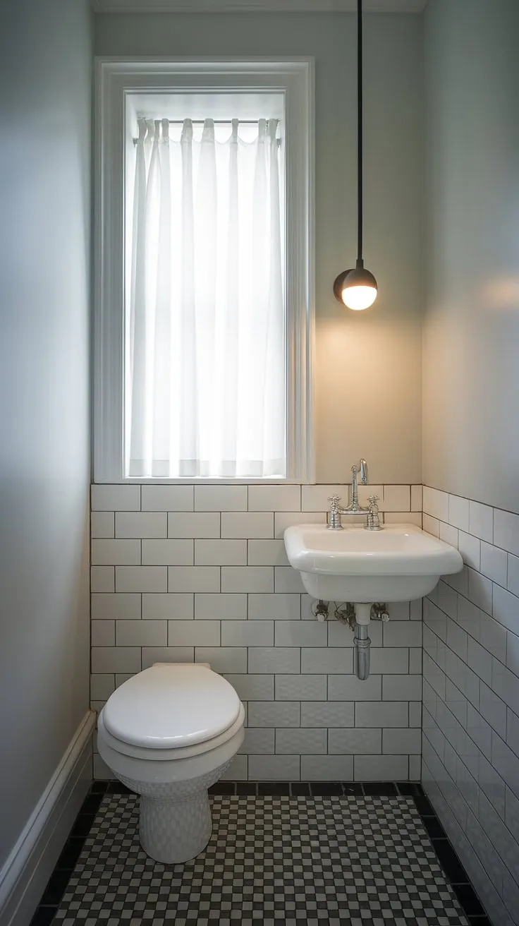 Sophisticated style in a small powder bathroom. This clever bathroom layout maximizes space and showcases modern bathroom design. Small bathroom renovations don't have to compromise on elegance.