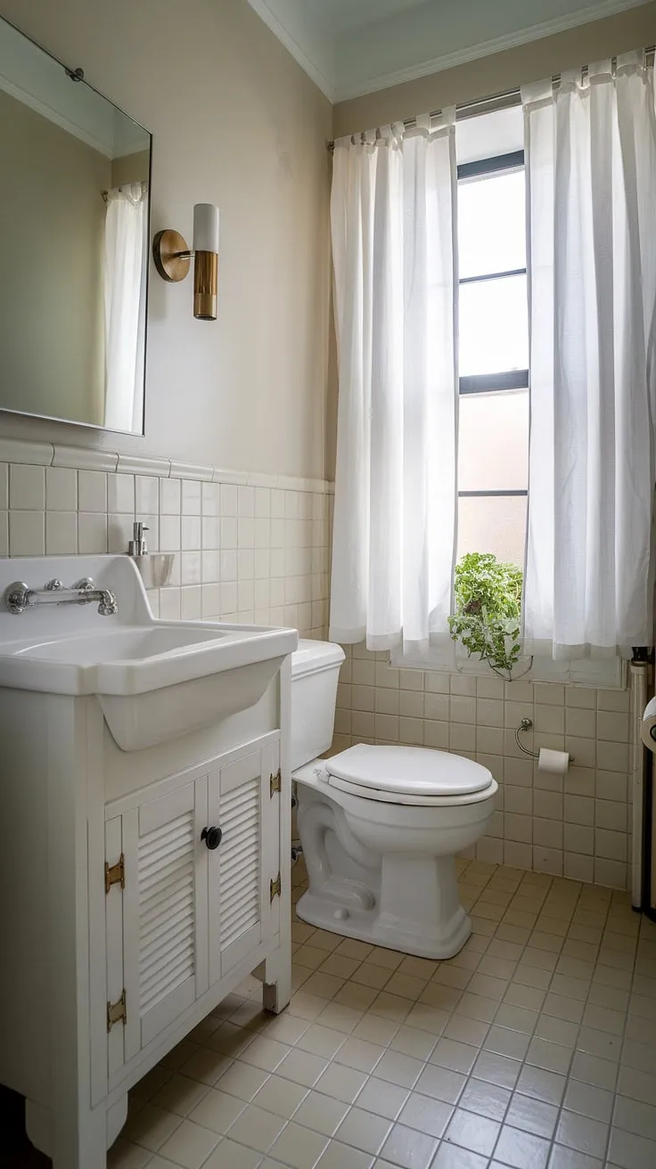 This small powder bathroom boasts a bright and airy feel, achieved through clever bathroom design and a thoughtful bathroom layout. The white vanity and tiled floor create a sense of spaciousness, perfect for small bathroom renovations. A small plant adds a touch of life near the window, completing this charming small bathroom interior.