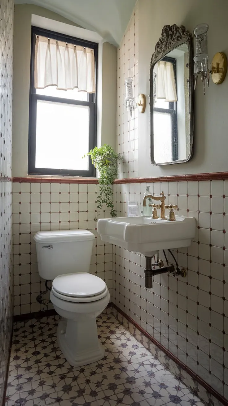This small powder bathroom boasts a unique bathroom design, showcasing clever use of space in its compact bathroom layout. The vintage mirror and brass faucet add character, while the patterned tile floor and small plant bring a touch of life to this charming small bathroom interior. This successful small bathroom renovations project proves that even the smallest spaces can be stylish and functional.