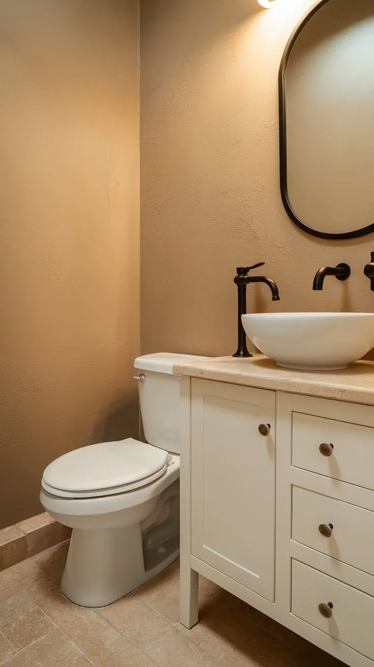 Warm lighting enhances the clean lines of this small powder bathroom's design. The white vanity and bowl sink, accented by a black faucet, create a sophisticated contrast against the beige walls and tiled floor. This small bathroom interior showcases smart bathroom layout solutions perfect for small bathroom renovations.