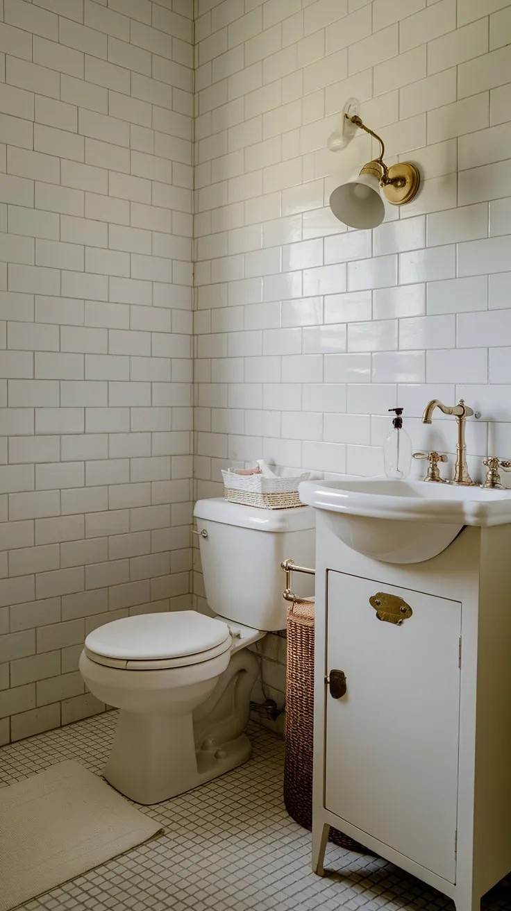 This small bathroom's design maximizes space and style, proving that even a small powder bathroom can be a luxurious retreat. The thoughtful bathroom layout and brass accents elevate the small bathroom interior.