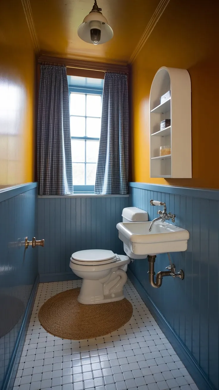 This small bathroom interior proves that even a small powder bathroom can boast stunning bathroom design. Note the efficient use of space in this small bathroom.