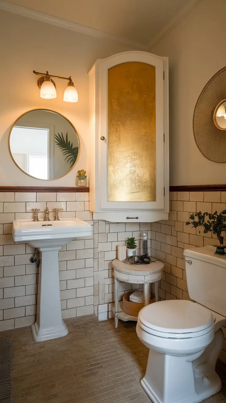 Warm lighting and a vintage touch define this charming small powder bathroom. The beige tile, white pedestal sink, and gold accents create a sophisticated small bathroom interior, showcasing clever bathroom design within a compact bathroom layout. This small bathroom renovation proves that even small spaces can boast big style.
