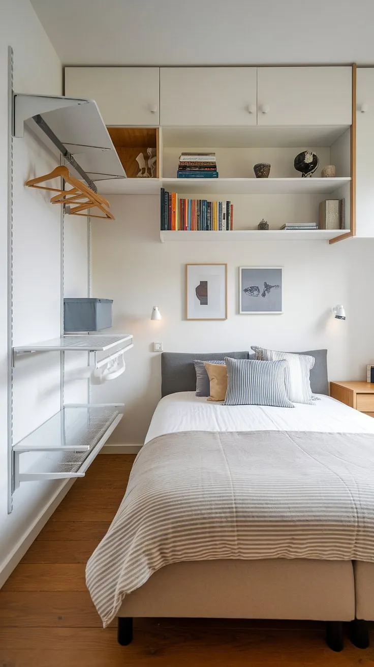 Maximize storage in this small bedroom with clever wall storage ideas and over-bed storage, proving that even a small double bedroom layout can be stylish and functional. Small bedroom design ideas don't get much better than this.