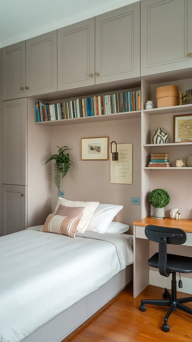 This small bedroom proves that small bedroom storage ideas can be both beautiful and practical. From over bed storage ideas to space saving storage for small bedrooms, this room is a masterclass in small bedroom decoration ideas and wall storage ideas for small bedrooms.