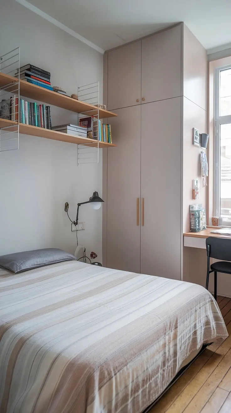 Clever small bedroom decoration ideas transform this small double bedroom layout into a cozy haven. The light grey walls and wooden floors create a calming atmosphere, while the built-in wardrobe and over-bed storage ideas provide ample storage, addressing the challenges of maximizing storage in small bedrooms. This room demonstrates effective storage ideas for small bedrooms and space-saving storage for small bedrooms, offering inspiration for anyone looking for small bedroom design ideas.