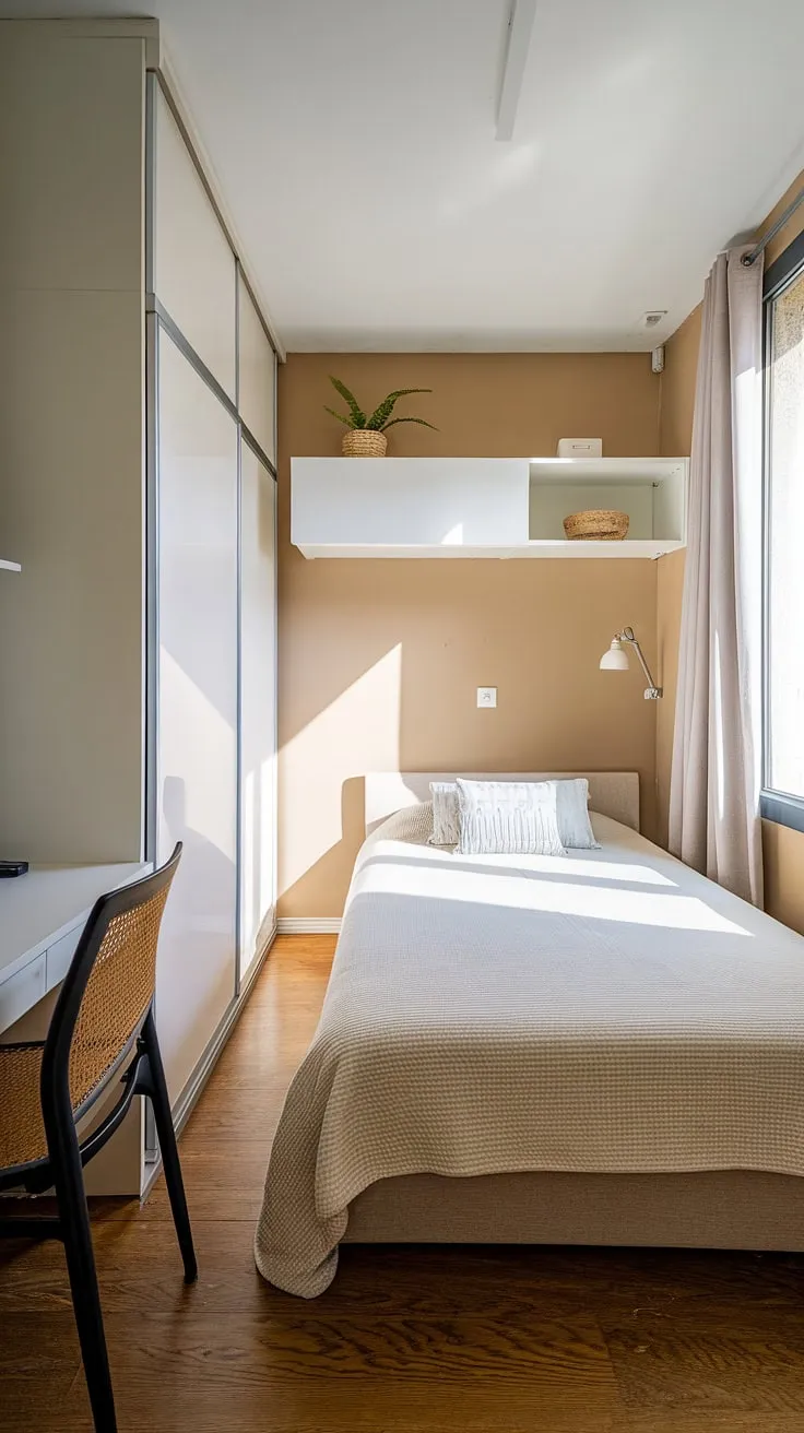 Small bedroom storage ideas abound in this bright and airy space. From over bed storage ideas to wall storage ideas for small bedrooms, every inch is utilized. Discover space saving storage for small bedrooms and small bedroom design ideas that inspire.