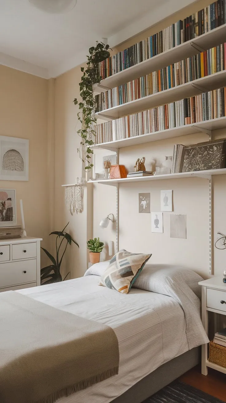 Maximize space and style in this small double bedroom layout. Clever storage solutions, like the over-bed shelving, offer plenty of small bedroom storage ideas and small bedroom decoration ideas, proving that even a small bedroom can be both beautiful and functional.