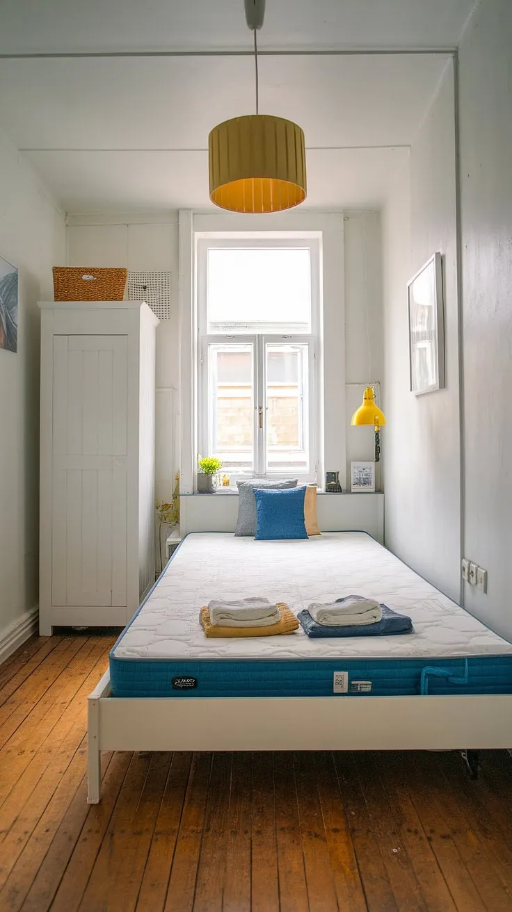 This small bedroom maximizes space with clever storage solutions. Note the wall-mounted shelving and the wardrobe tucked neatly beside the double bed, showcasing smart small bedroom storage ideas. The yellow lamp and small plant add pops of color, reflecting thoughtful small bedroom decoration ideas. This small double bedroom layout demonstrates how to effectively utilize every inch, offering inspiration for space saving storage for small bedrooms and over bed storage ideas. The overall design is a testament to maximizing storage in a small bedroom and provides excellent small bedroom design ideas.