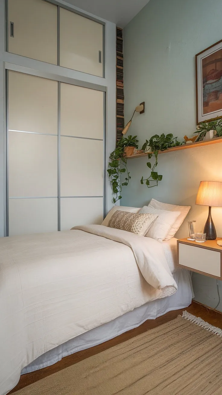 Cozy and functional: This small double bedroom proves that maximizing space doesn't mean sacrificing style. Clever storage solutions, like the over-bed shelf and sliding wardrobe, are key to this small bedroom layout. Plenty of small bedroom decoration ideas to steal here!