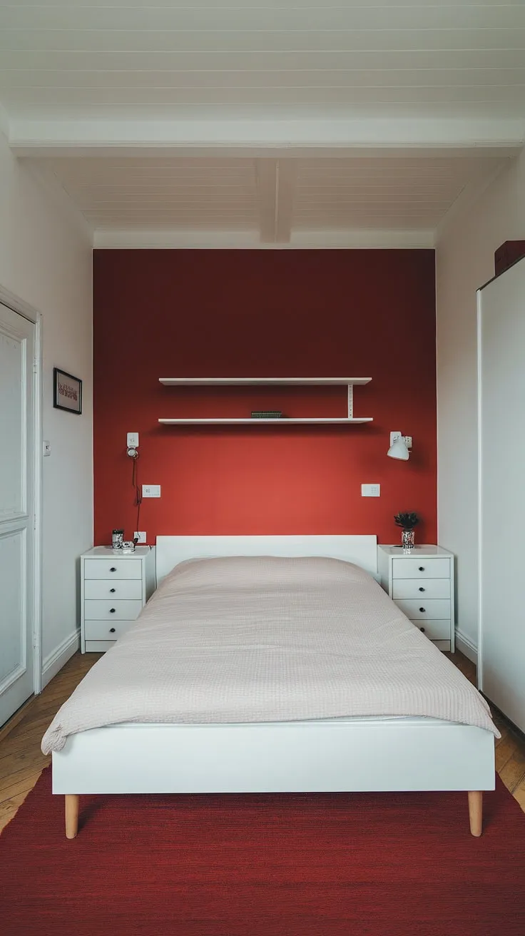 Clever small bedroom design ideas are on full display in this cozy space. The small double bedroom layout utilizes every inch, with nightstands offering drawers and a floating shelf above the bed providing additional storage. This is a perfect example of small bedroom storage ideas and storage ideas for small bedrooms, demonstrating how to maximize storage in a small bedroom. The red rug and accent wall add personality without overwhelming the room, offering inspiration for small bedroom decoration ideas and wall storage ideas for small bedrooms.