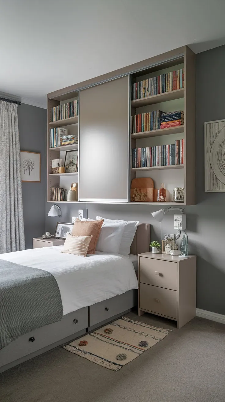 Cozy and functional small bedroom design ideas in action! This small double bedroom layout maximizes storage with clever wall storage ideas for small bedrooms, including an over bed storage unit brimming with books and decor. See how simple space saving storage for small bedrooms can be, offering plenty of small bedroom storage ideas to keep things organized and stylish. The small bedroom decoration ideas create a calming atmosphere, proving that even a small space can feel spacious and inviting.