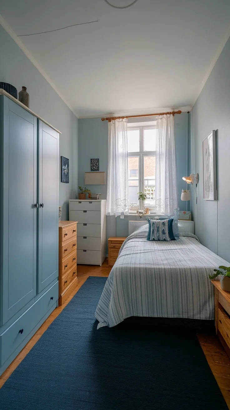 Clever storage solutions transform this small double bedroom into a haven of calm. The combination of a chest of drawers, wardrobe, and over-bed storage demonstrates effective storage ideas for small bedrooms, maximizing storage in a small bedroom without compromising style. This small bedroom layout showcases practical small bedroom decoration ideas and space-saving storage for small bedrooms, proving that even the smallest rooms can be beautifully and efficiently designed. Explore these small bedroom design ideas and small bedroom storage ideas for inspiration in your own home.