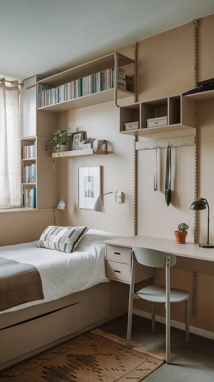 Maximize storage in this small bedroom with clever built-ins and wall-mounted shelves, proving that small double bedroom layouts can be both stylish and functional. Small bedroom decoration ideas and small bedroom storage ideas abound in this space-saving design.