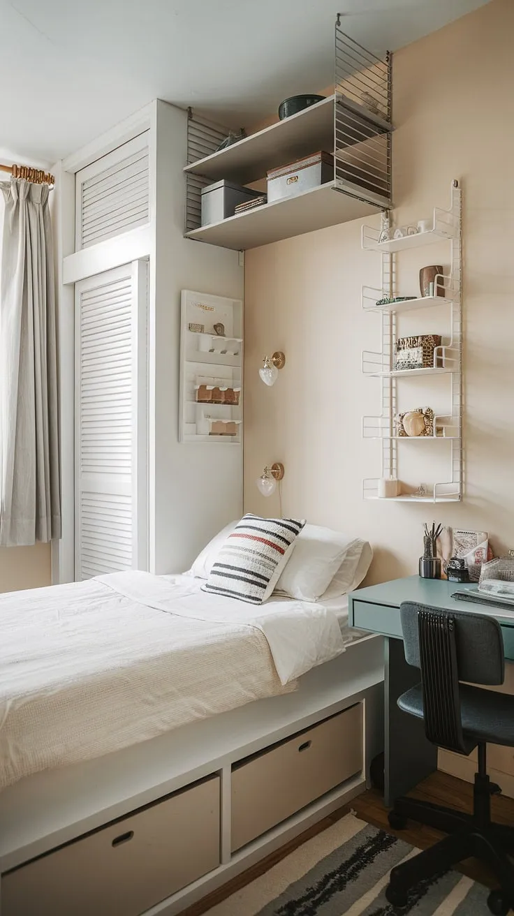 This small bedroom maximizes space with clever storage solutions. The built-in wardrobe below the double bed and the floating shelf above offer practical small bedroom storage ideas, while the tall wall shelf provides additional wall storage ideas for small bedrooms. The small double bedroom layout efficiently utilizes every inch, showcasing space saving storage for small bedrooms and over bed storage ideas. The desk area complements the overall small bedroom design ideas, demonstrating how to maximize storage in a small bedroom.