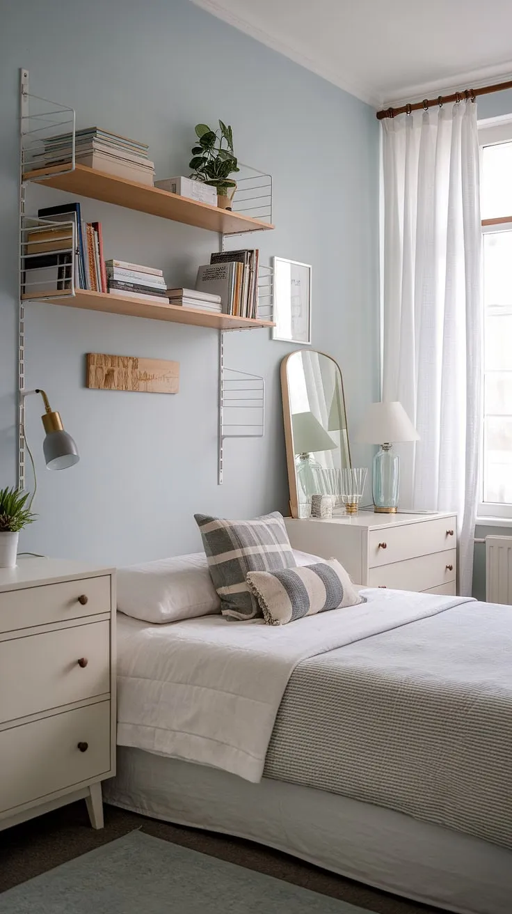 This small bedroom maximizes space with clever storage solutions. The over-bed shelf provides ample storage for books and décor, showcasing excellent small bedroom storage ideas. A white dresser and strategically placed lamps contribute to the calming light blue color scheme, reflecting smart small bedroom decoration ideas. This small double bedroom layout demonstrates how to effectively utilize every inch, offering inspiration for space saving storage for small bedrooms and wall storage ideas for small bedrooms. The overall design is a testament to maximizing storage in a small bedroom, providing practical small bedroom design ideas.