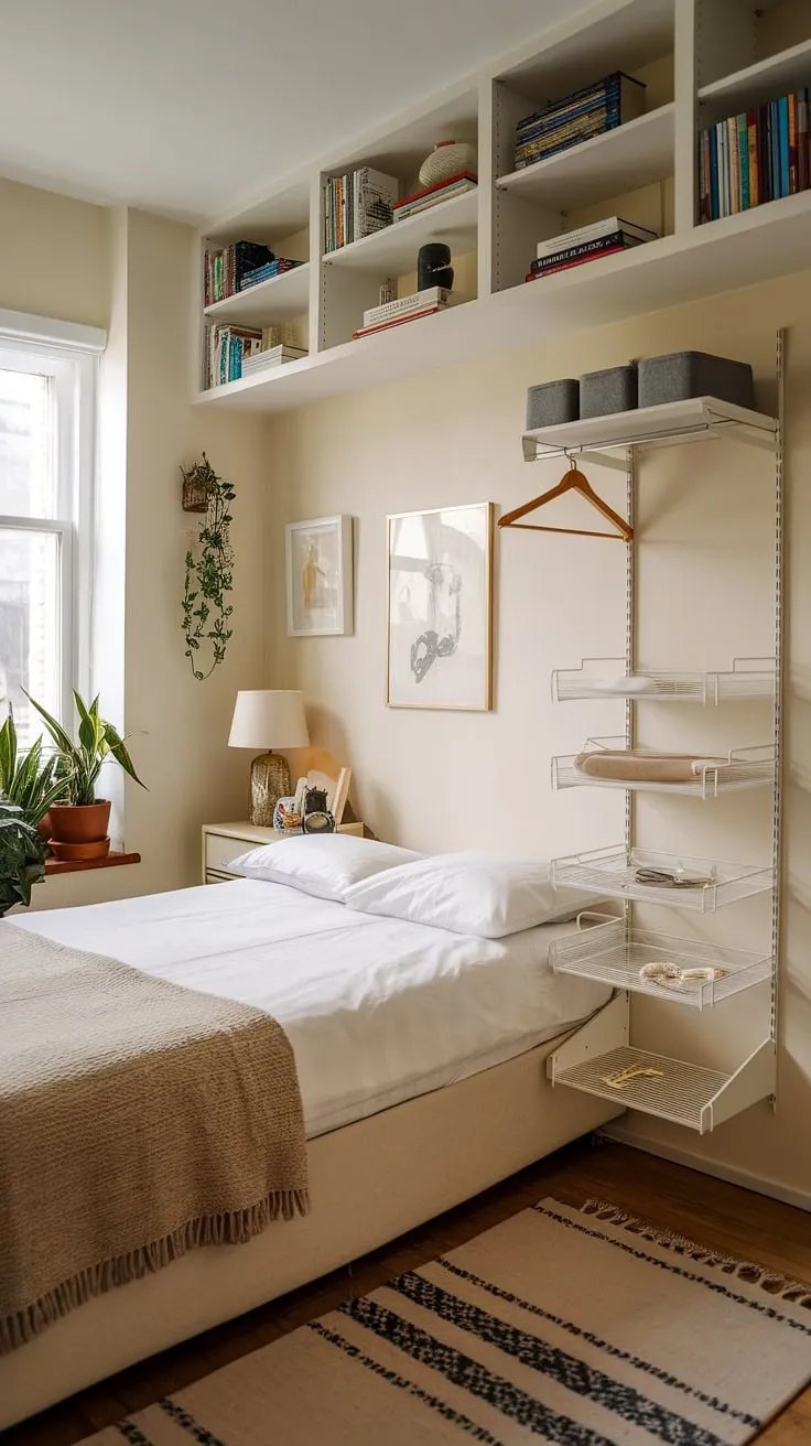 This small bedroom showcases brilliant small bedroom decoration ideas, proving that even a small double bedroom can feel spacious and stylish. The built-in shelves above the bed and the wall mounted storage unit offer excellent storage ideas for small bedrooms, demonstrating how to maximize storage in a small bedroom. Space saving storage for small bedrooms is key, and this room achieves it beautifully.