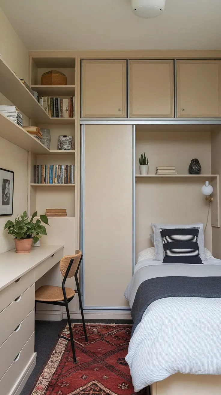 Maximize storage in this small bedroom with clever wall shelves and over-bed storage, showcasing smart small bedroom design ideas and space-saving storage for small bedrooms. This small double bedroom layout proves that even small bedroom storage ideas can create a cozy and functional space.