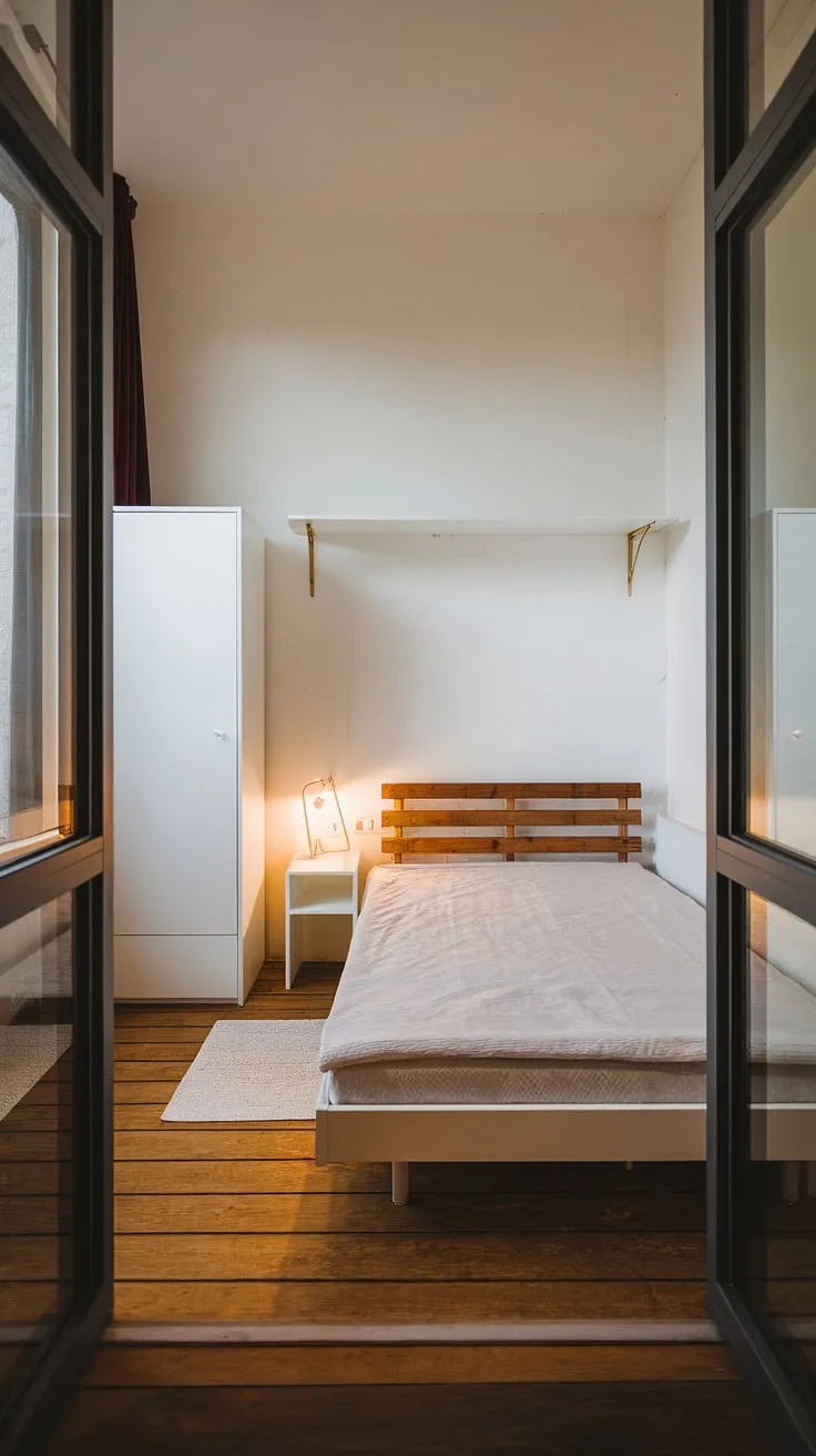 This small bedroom maximizes space with clever storage solutions. The white wardrobe, over-bed shelf, and nightstand offer ample storage, showcasing smart small bedroom storage ideas and small bedroom decoration ideas. Note the efficient small double bedroom layout and wall storage ideas for small bedrooms, perfect examples of space saving storage for small bedrooms and maximizing storage in small bedroom. The minimalist design makes the room feel larger than it is, offering inspiration for small bedroom design ideas.