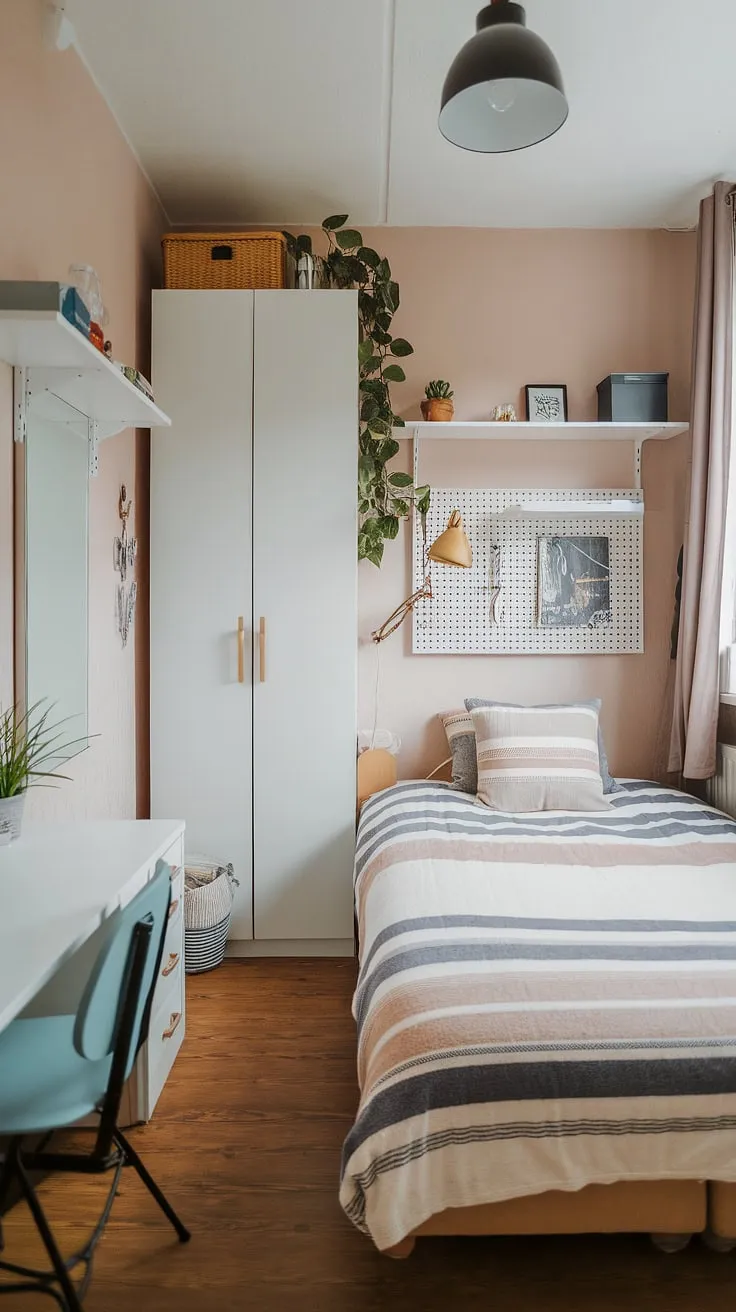 Maximize storage in this small bedroom with clever wall storage ideas and over bed storage ideas, proving that small double bedroom layouts can be both stylish and functional. Small bedroom design ideas abound!