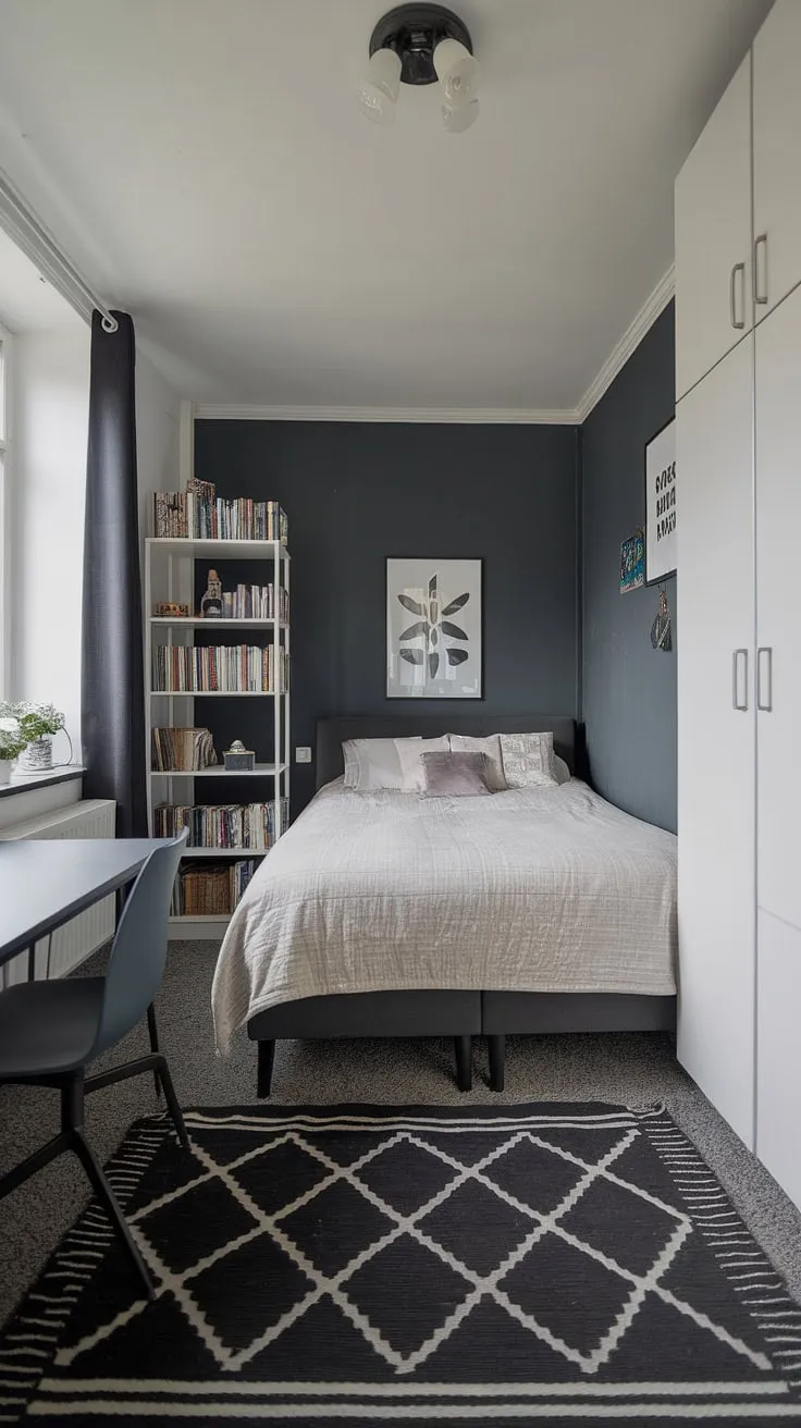 Maximize storage in this small bedroom with clever wall storage ideas and over bed storage, proving that small double bedroom layouts can be stylish and functional. Small bedroom design ideas abound!